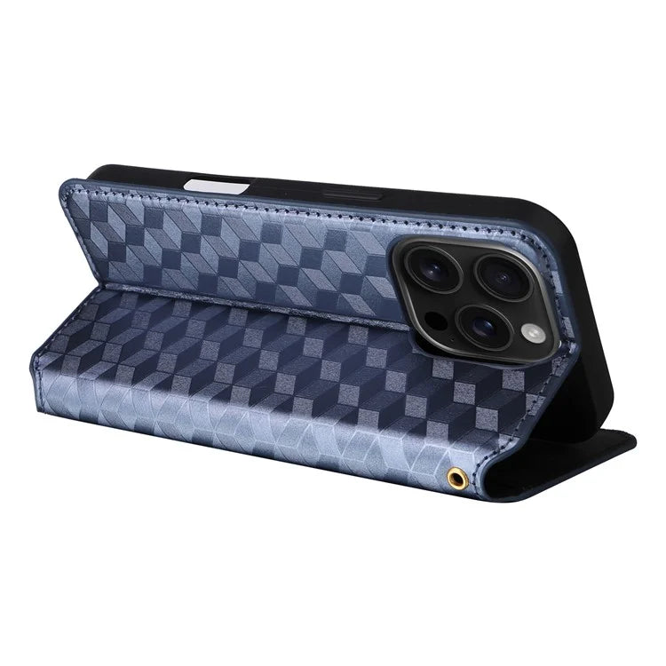 For iPhone 16 Pro Wallet Case Rhombus Imprinted Leather Phone Cover