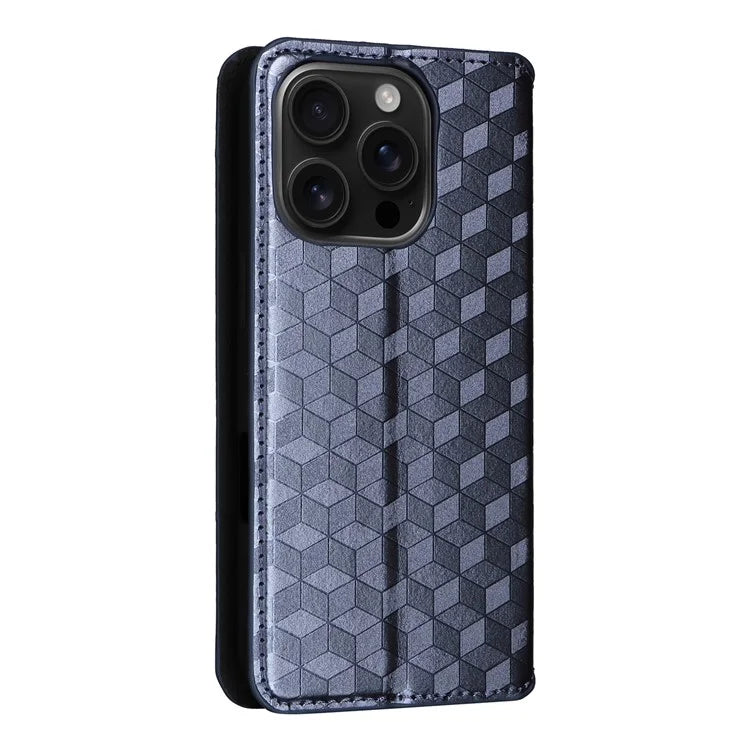 For iPhone 16 Pro Wallet Case Rhombus Imprinted Leather Phone Cover