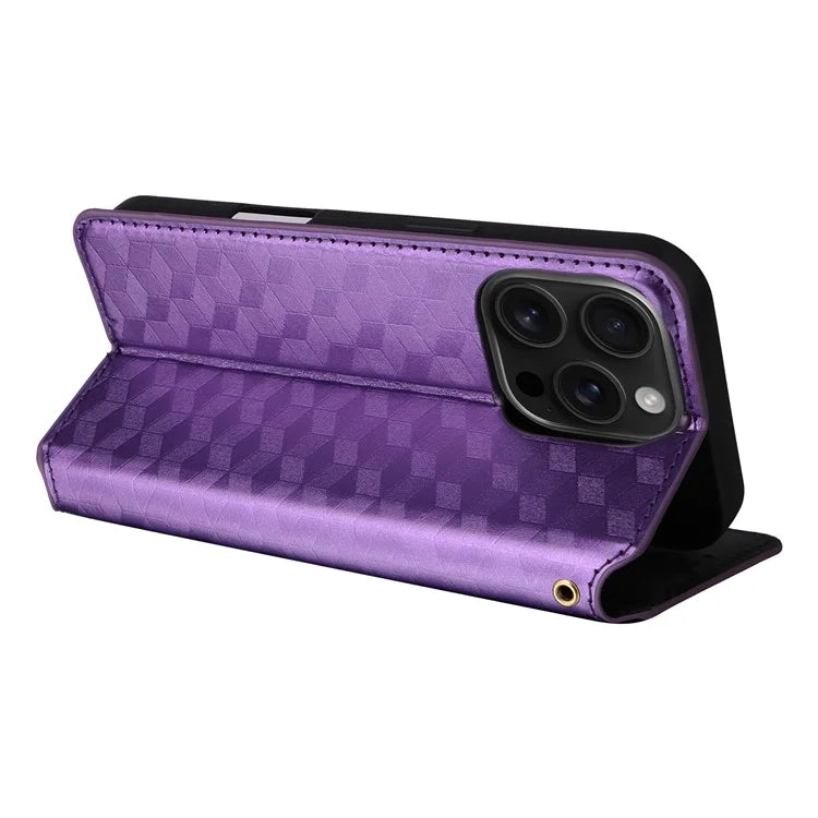 For iPhone 16 Pro Wallet Case Rhombus Imprinted Leather Phone Cover