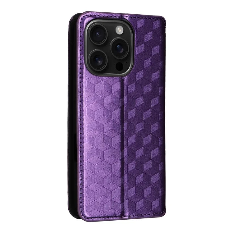 For iPhone 16 Pro Wallet Case Rhombus Imprinted Leather Phone Cover