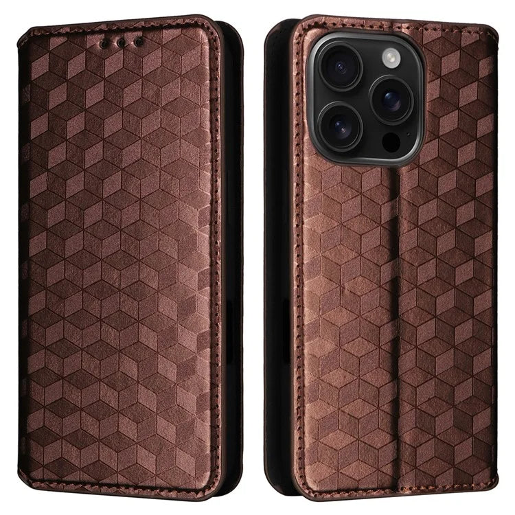 For iPhone 16 Pro Wallet Case Rhombus Imprinted Leather Phone Cover