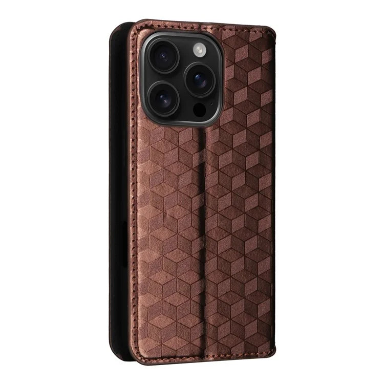 For iPhone 16 Pro Wallet Case Rhombus Imprinted Leather Phone Cover