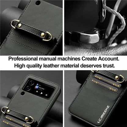 LC.IMEEKE L1 for Samsung Galaxy Z Flip3 5G Case Leather+PC Phone Cover with Straps Card Slots