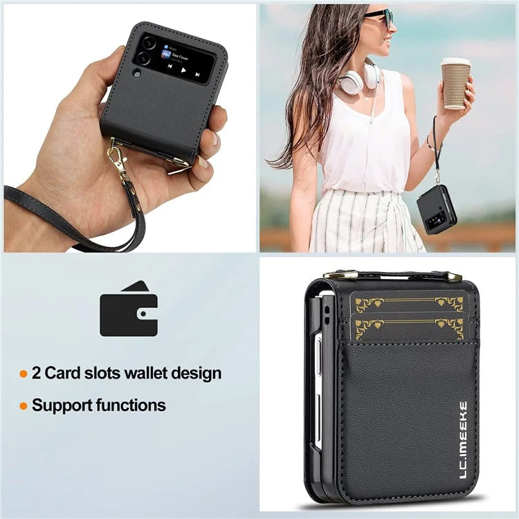 LC.IMEEKE L1 for Samsung Galaxy Z Flip3 5G Case Leather+PC Phone Cover with Straps Card Slots