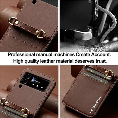LC.IMEEKE L1 for Samsung Galaxy Z Flip3 5G Case Leather+PC Phone Cover with Straps Card Slots