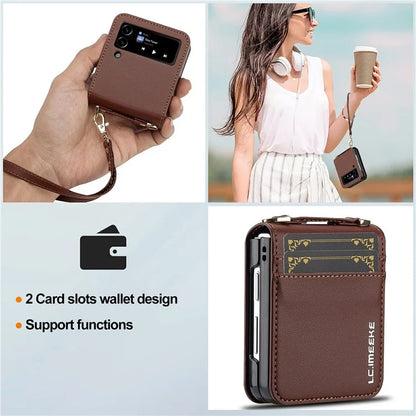 LC.IMEEKE L1 for Samsung Galaxy Z Flip3 5G Case Leather+PC Phone Cover with Straps Card Slots