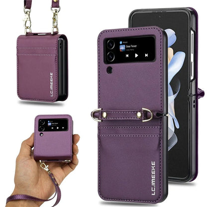 LC.IMEEKE L1 for Samsung Galaxy Z Flip4 5G Case Leather+PC Phone Cover with Straps Card Slots