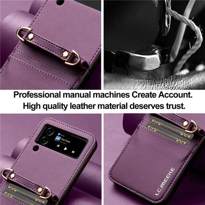 LC.IMEEKE L1 for Samsung Galaxy Z Flip4 5G Case Leather+PC Phone Cover with Straps Card Slots