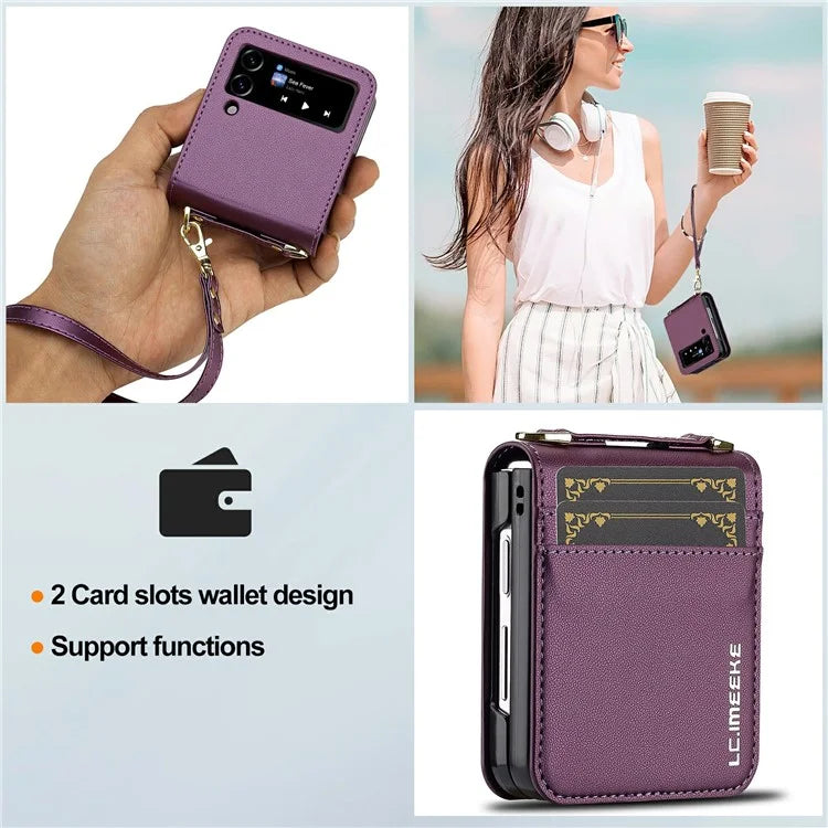 LC.IMEEKE L1 for Samsung Galaxy Z Flip4 5G Case Leather+PC Phone Cover with Straps Card Slots