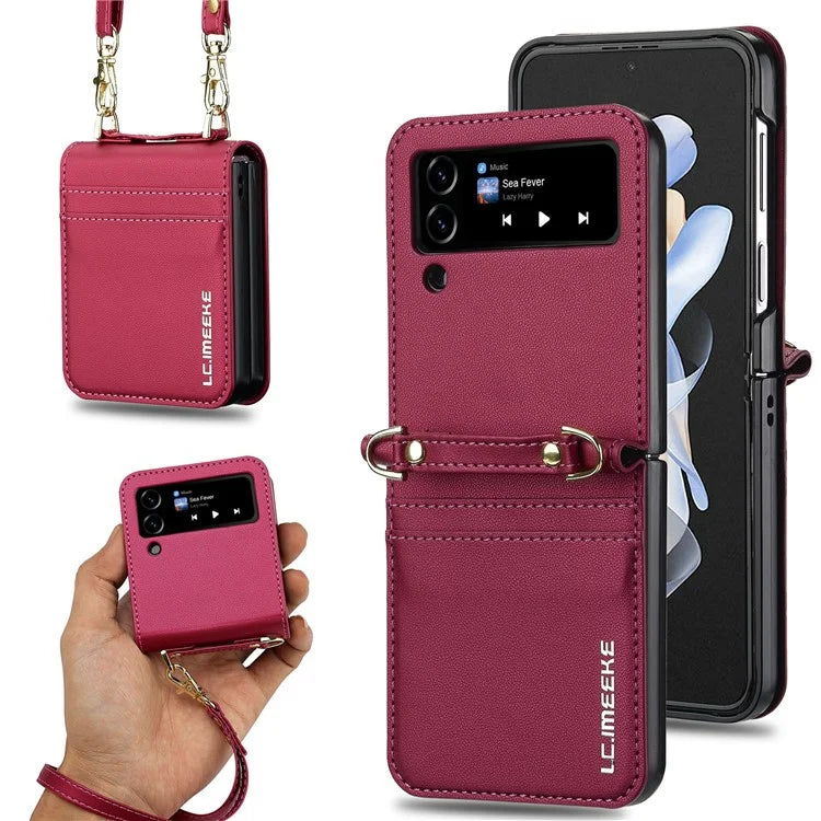 LC.IMEEKE L1 for Samsung Galaxy Z Flip4 5G Case Leather+PC Phone Cover with Straps Card Slots