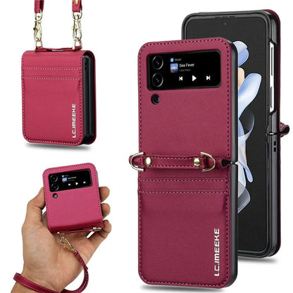 LC.IMEEKE L1 for Samsung Galaxy Z Flip4 5G Case Leather+PC Phone Cover with Straps Card Slots
