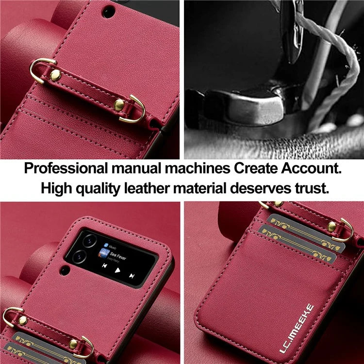 LC.IMEEKE L1 for Samsung Galaxy Z Flip4 5G Case Leather+PC Phone Cover with Straps Card Slots