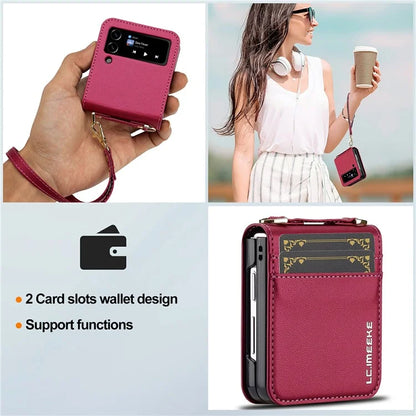 LC.IMEEKE L1 for Samsung Galaxy Z Flip4 5G Case Leather+PC Phone Cover with Straps Card Slots