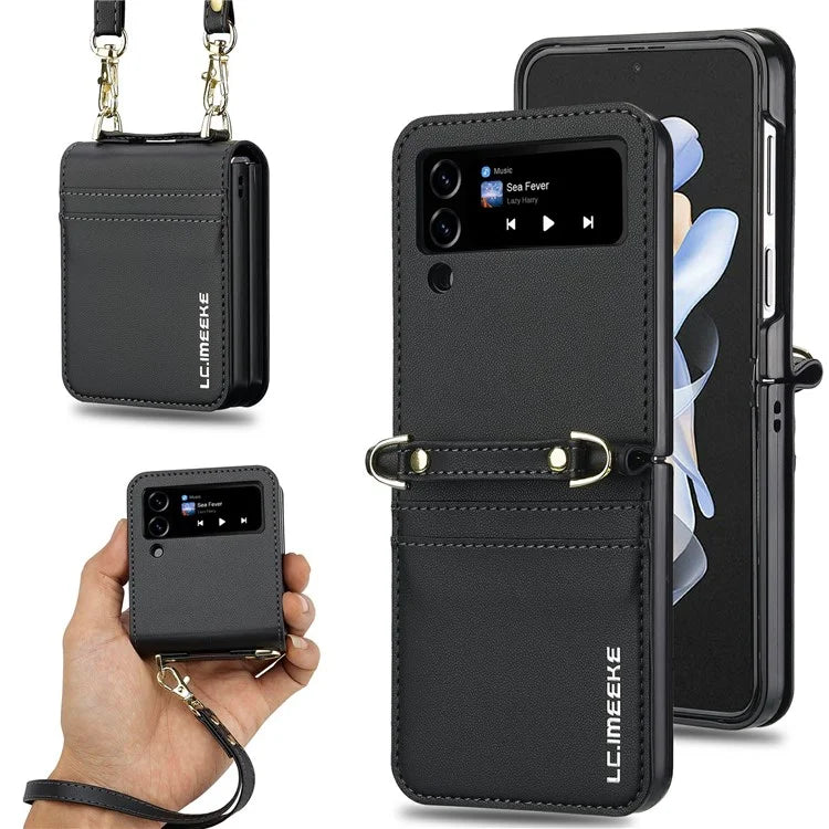 LC.IMEEKE L1 for Samsung Galaxy Z Flip4 5G Case Leather+PC Phone Cover with Straps Card Slots