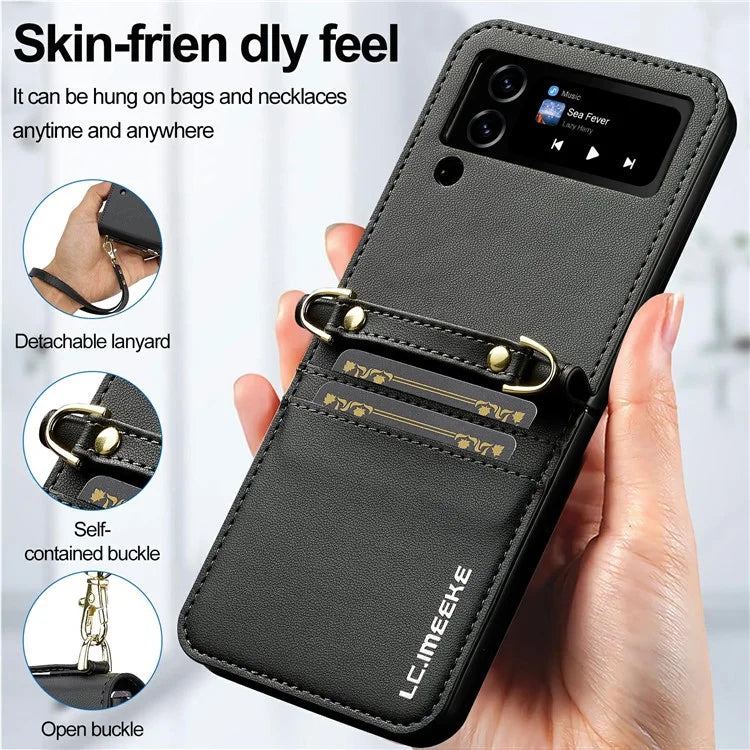 LC.IMEEKE L1 for Samsung Galaxy Z Flip4 5G Case Leather+PC Phone Cover with Straps Card Slots