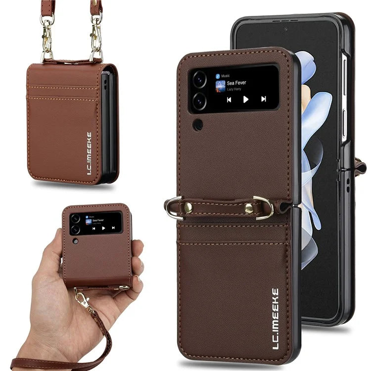 LC.IMEEKE L1 for Samsung Galaxy Z Flip4 5G Case Leather+PC Phone Cover with Straps Card Slots