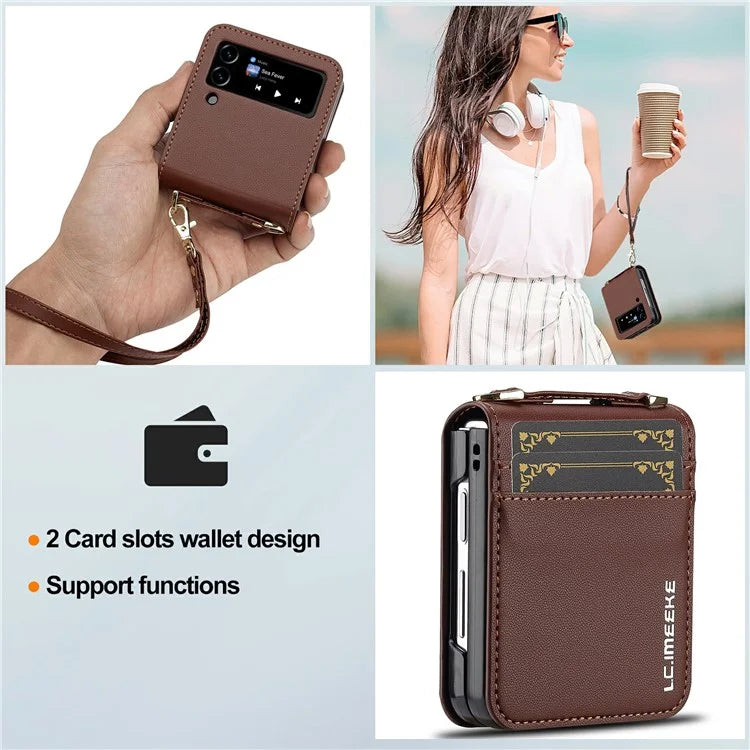 LC.IMEEKE L1 for Samsung Galaxy Z Flip4 5G Case Leather+PC Phone Cover with Straps Card Slots