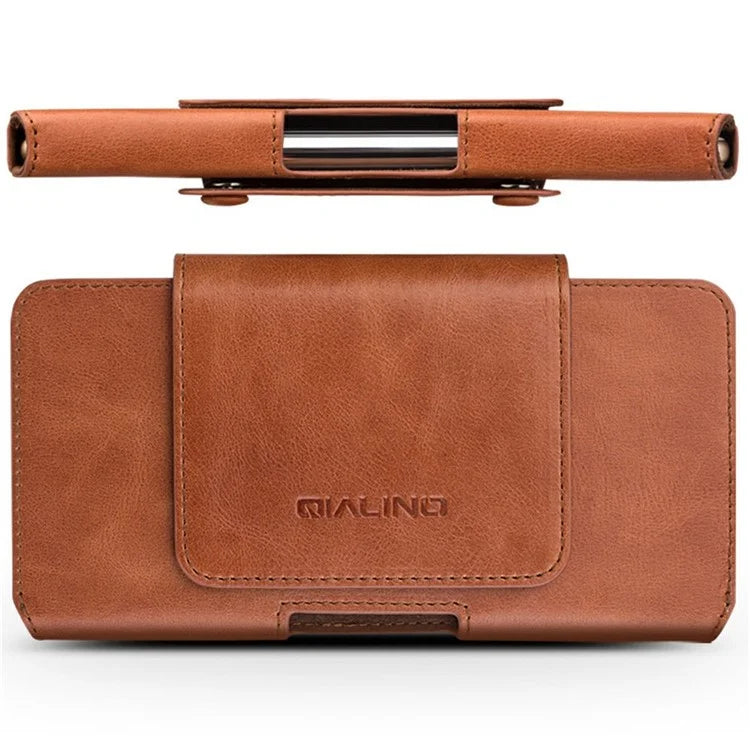 QIALINO Universal Genuine Cow Leather Waist Pouch Case for Under 6.9-inch Phones Drop-Proof Business Style Phone Bag