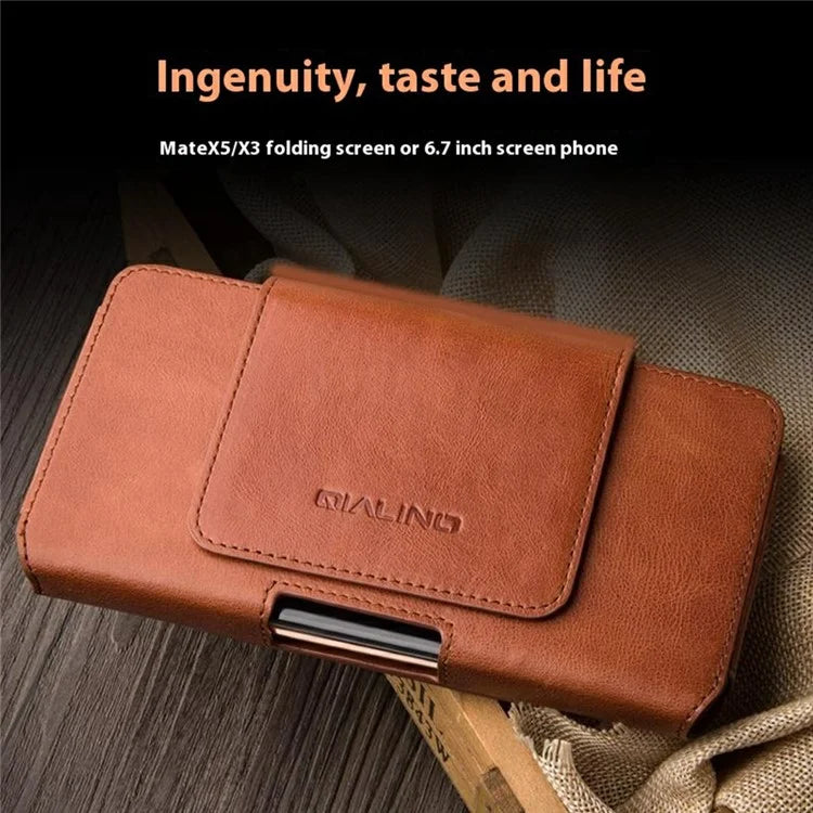 QIALINO Universal Genuine Cow Leather Waist Pouch Case for Under 6.9-inch Phones Drop-Proof Business Style Phone Bag
