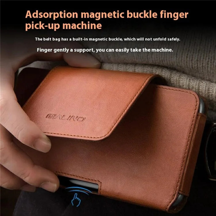 QIALINO Universal Genuine Cow Leather Waist Pouch Case for Under 6.9-inch Phones Drop-Proof Business Style Phone Bag