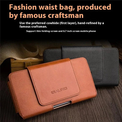 QIALINO Universal Genuine Cow Leather Waist Pouch Case for Under 6.9-inch Phones Drop-Proof Business Style Phone Bag
