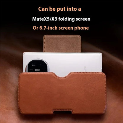 QIALINO Universal Genuine Cow Leather Waist Pouch Case for Under 6.9-inch Phones Drop-Proof Business Style Phone Bag