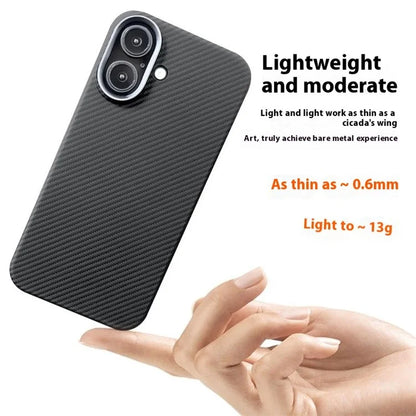 For iPhone 16 Case 600D Fine Texture Aramid Fiber Phone Cover with Metal Lens Frame - Black