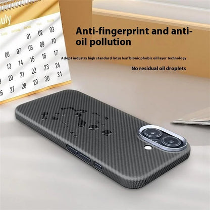 For iPhone 16 Case 600D Fine Texture Aramid Fiber Phone Cover with Metal Lens Frame - Black