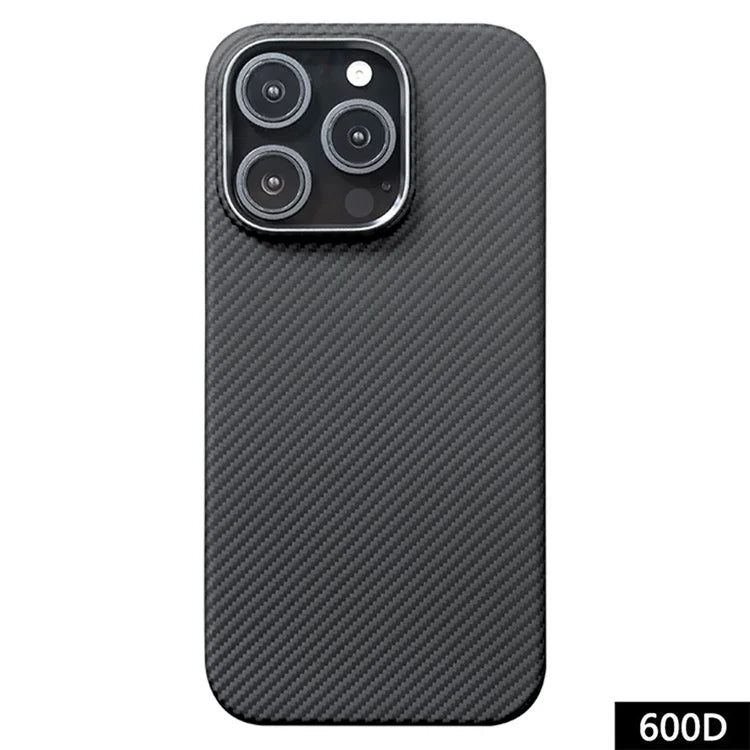 For iPhone 16 Pro Max Case 600D Fine Texture Aramid Fiber Phone Cover with Metal Lens Frame - Black