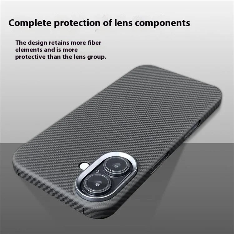 For iPhone 16 Plus Case 600D Fine Texture Aramid Fiber Phone Cover with Metal Lens Frame - Black