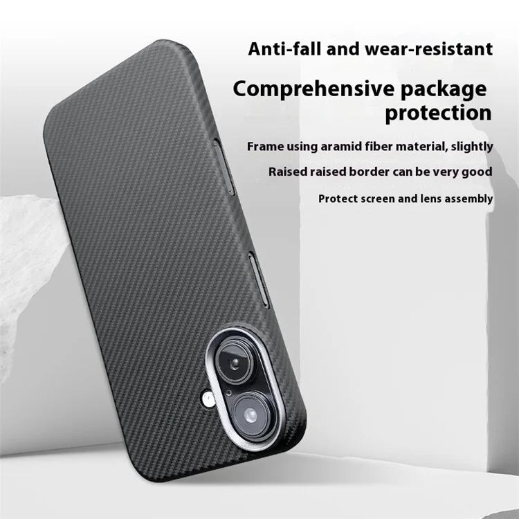 For iPhone 16 Plus Case 600D Fine Texture Aramid Fiber Phone Cover with Metal Lens Frame - Black