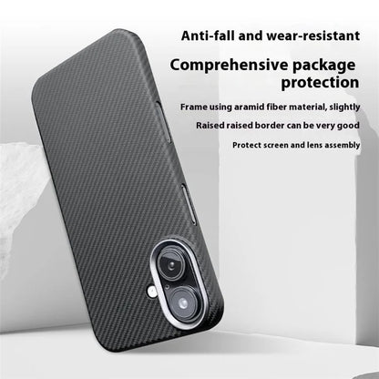 For iPhone 16 Plus Case 600D Fine Texture Aramid Fiber Phone Cover with Metal Lens Frame - Black
