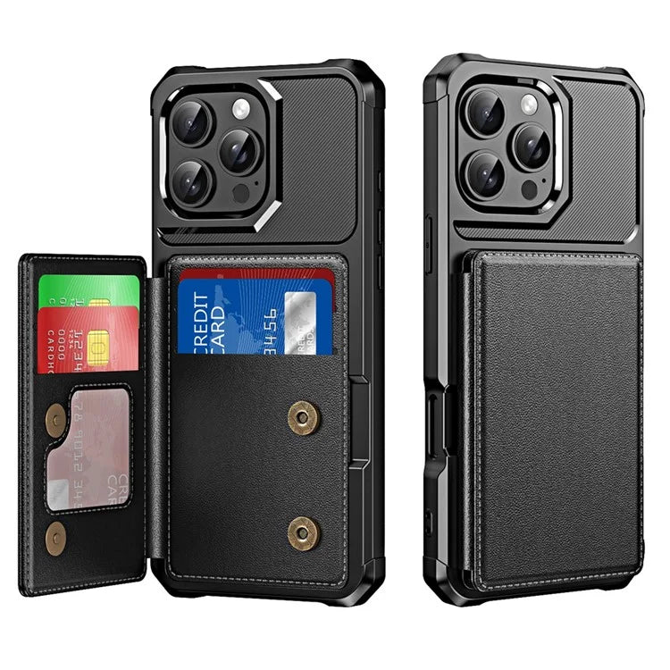 For iPhone 16 Pro Max Case Card Slot Kickstand Leather+TPU Reinforced Corner Phone Cover