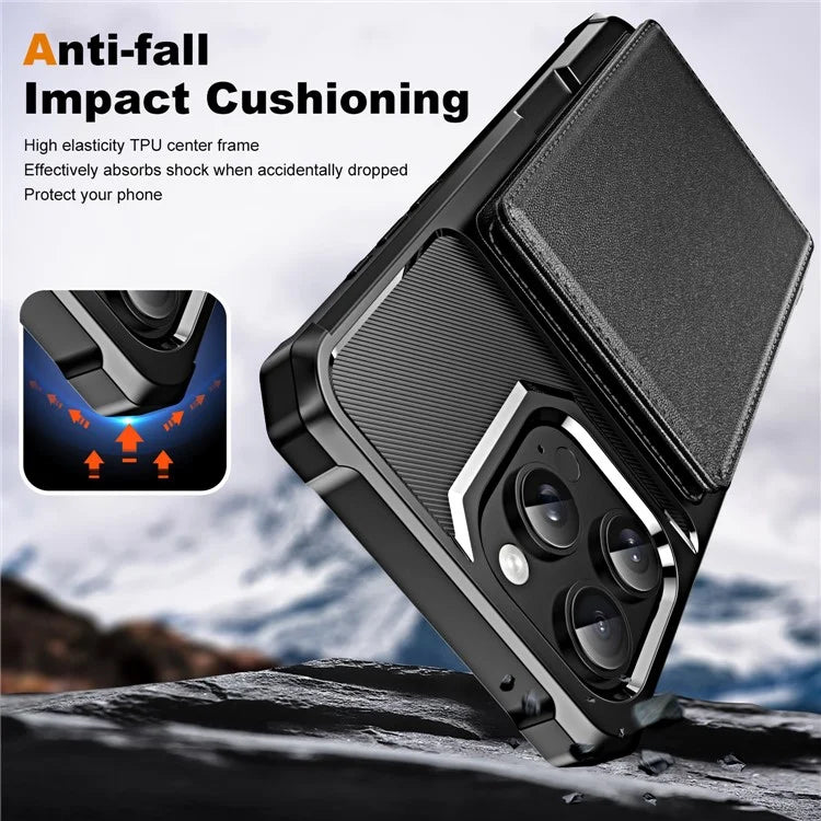 For iPhone 16 Pro Max Case Card Slot Kickstand Leather+TPU Reinforced Corner Phone Cover