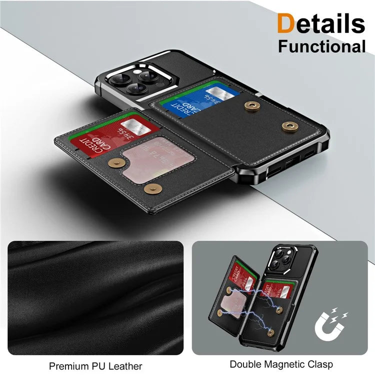 For iPhone 16 Pro Max Case Card Slot Kickstand Leather+TPU Reinforced Corner Phone Cover