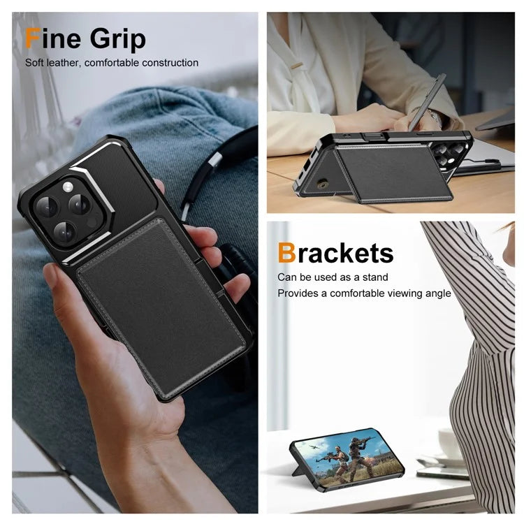 For iPhone 16 Pro Max Case Card Slot Kickstand Leather+TPU Reinforced Corner Phone Cover