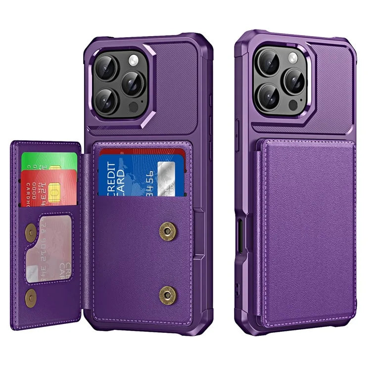 For iPhone 16 Pro Max Case Card Slot Kickstand Leather+TPU Reinforced Corner Phone Cover