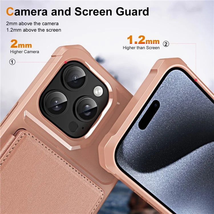 For iPhone 16 Pro Max Case Card Slot Kickstand Leather+TPU Reinforced Corner Phone Cover