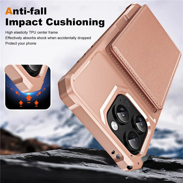 For iPhone 16 Pro Max Case Card Slot Kickstand Leather+TPU Reinforced Corner Phone Cover