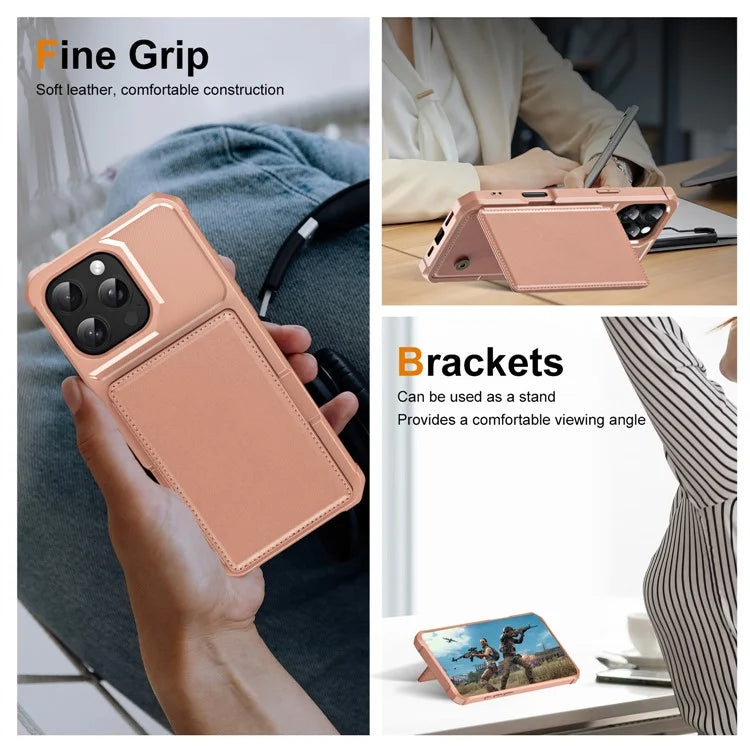 For iPhone 16 Pro Max Case Card Slot Kickstand Leather+TPU Reinforced Corner Phone Cover