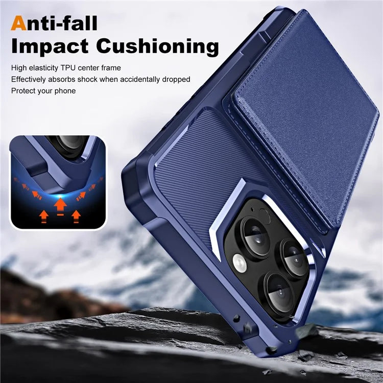 For iPhone 16 Pro Max Case Card Slot Kickstand Leather+TPU Reinforced Corner Phone Cover