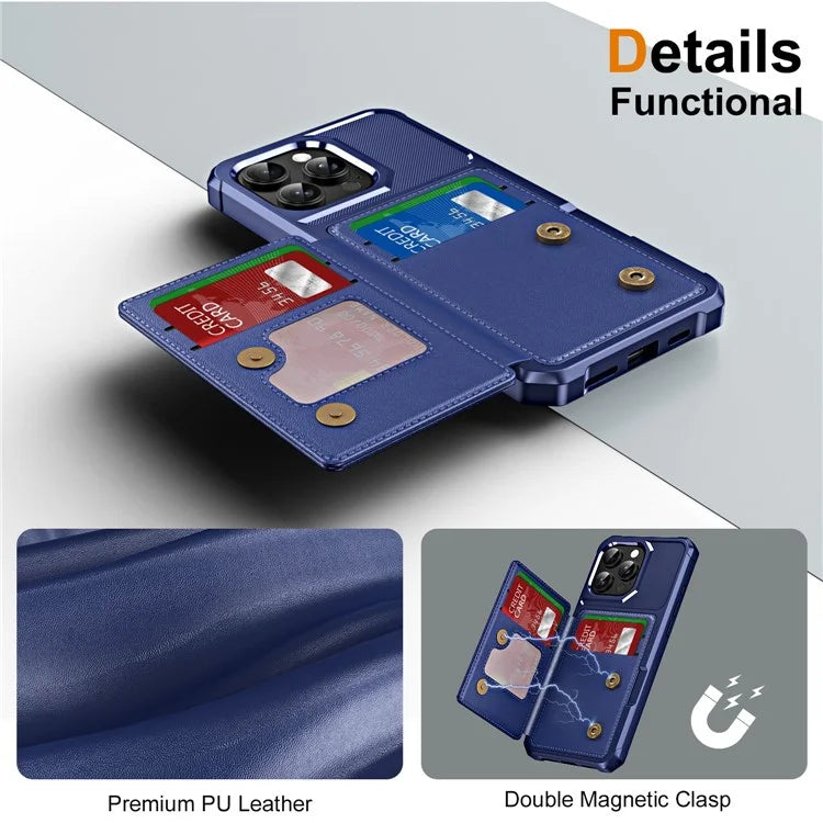 For iPhone 16 Pro Max Case Card Slot Kickstand Leather+TPU Reinforced Corner Phone Cover