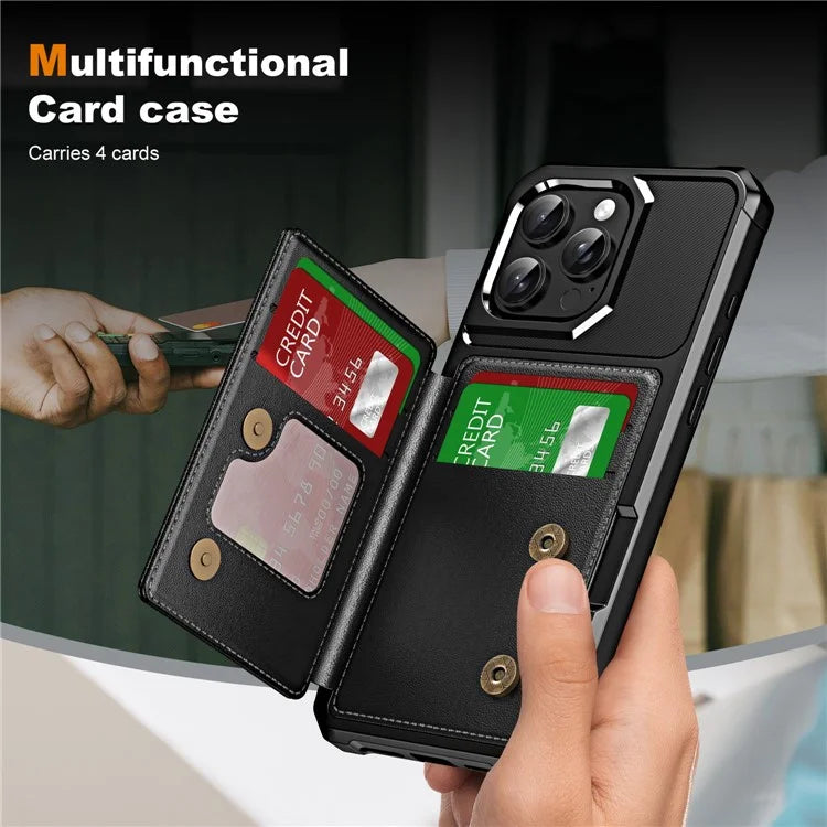 For iPhone 16 Pro Case Card Slot Kickstand Leather+TPU Reinforced Corner Phone Cover
