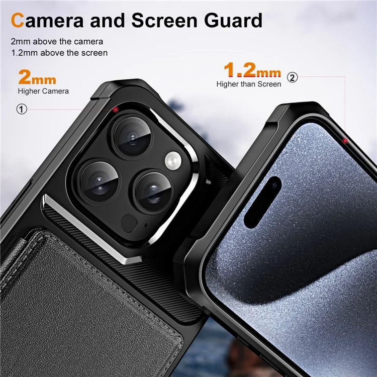 For iPhone 16 Pro Case Card Slot Kickstand Leather+TPU Reinforced Corner Phone Cover