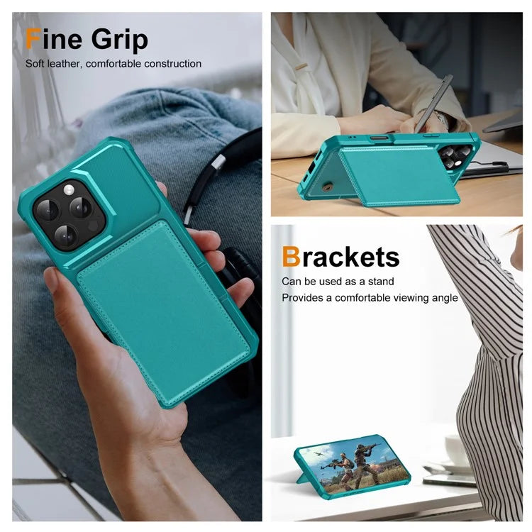 For iPhone 16 Pro Case Card Slot Kickstand Leather+TPU Reinforced Corner Phone Cover