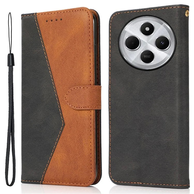 For Xiaomi Redmi 14C 4G Cover Color Splicing Wallet Stand Leather Phone Case with Wrist Strap