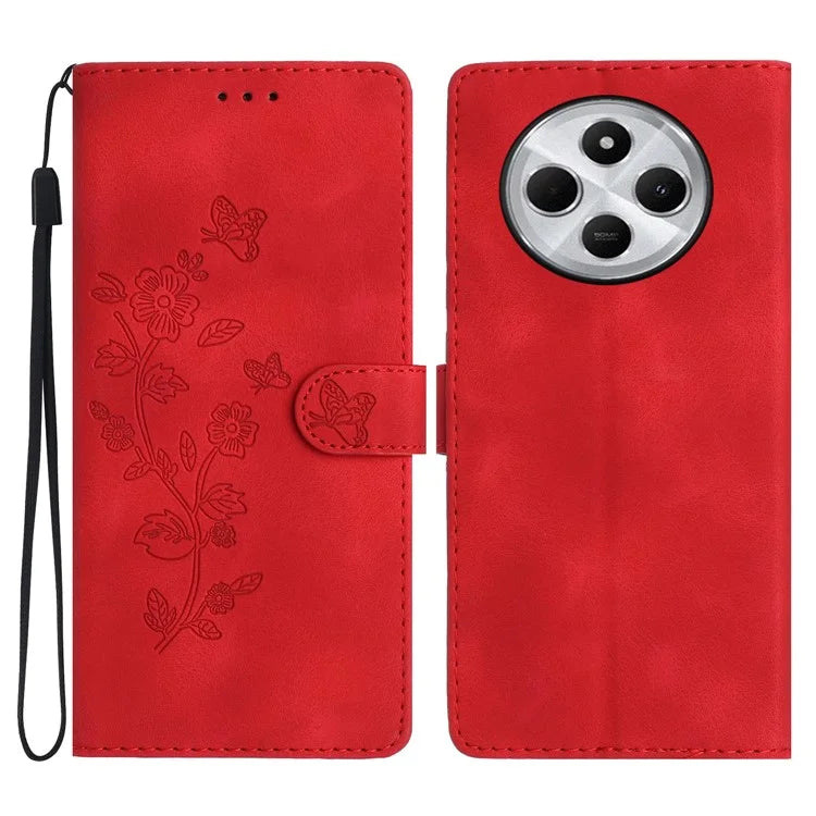 For Xiaomi Redmi 14C 4G Case Leather Imprinted Flower Phone Cover Wallet with Wrist Strap