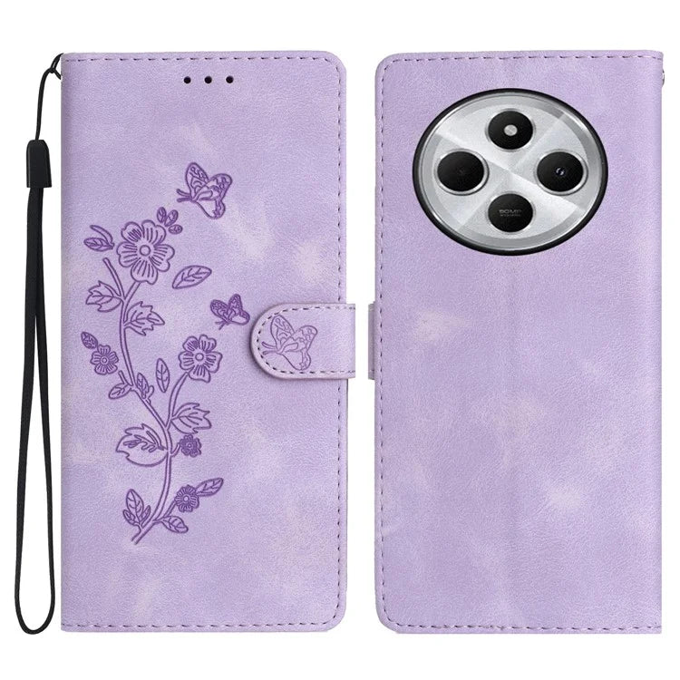 For Xiaomi Redmi 14C 4G Case Leather Imprinted Flower Phone Cover Wallet with Wrist Strap