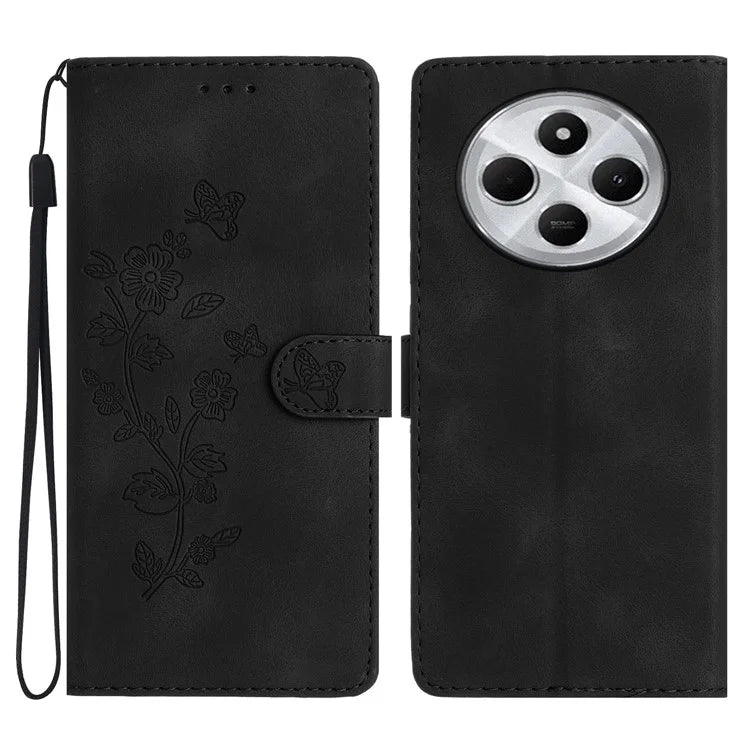 For Xiaomi Redmi 14C 4G Case Leather Imprinted Flower Phone Cover Wallet with Wrist Strap