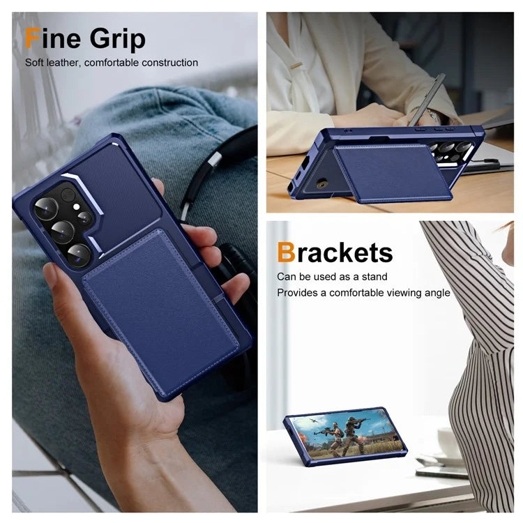For Samsung Galaxy S24 Ultra Case Card Slot Kickstand Leather+TPU Reinforced Corner Phone Cover
